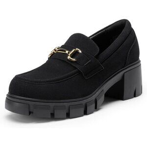 Dream Pairs Women Black Platform Chunky Heeled Slip On Loafers with Horsebit
